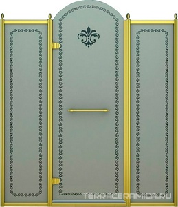 Дверь в нишу 1300x2118мм, (1275-1325)xh2118, с двумя неподв. сегмент, "Левая" петли лев(вход 560мм), (стек/мат с прозр/узор, 8мм, фурн/зол),Retro ZZ