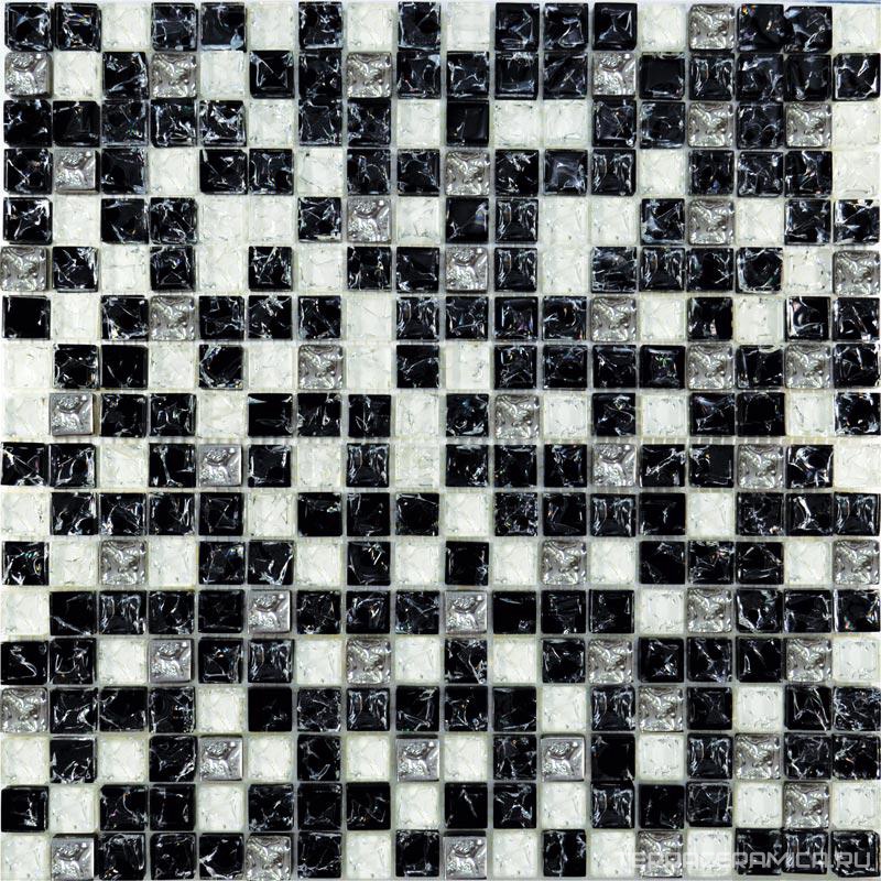 Мозаика Glass 503 микс черный колотый-белый колотый-платина ZZ|30х30