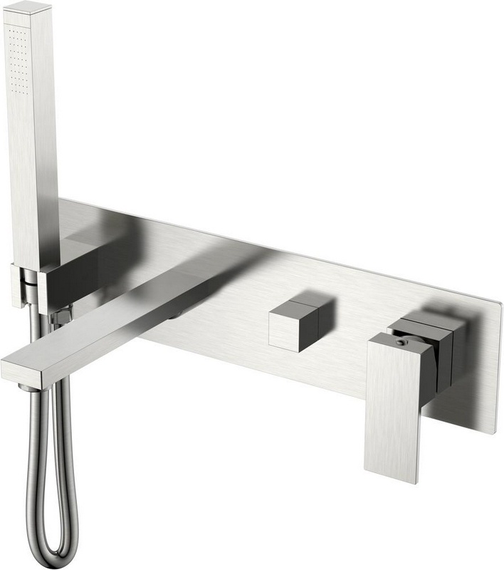 Смеситель для ванны/душа Qubic Brushed Nickel, встраиваемый (cмеситель внешн.+ внутренняя часть, излив, лейка, шланг) , цв. никель ZZ