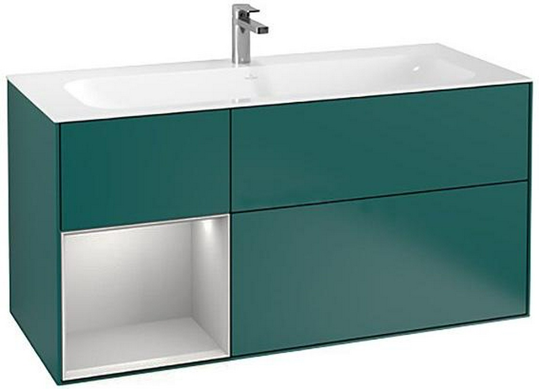Тумба 1196хh591х498мм,д/р1200мм,(3 выд.отд,1 конт.д/акс,подсвет),(Shelf element цв.GJ Light Grey Matt Lacguer, фасад и корп.GS Cedar Matt Lac)FinionZZ
